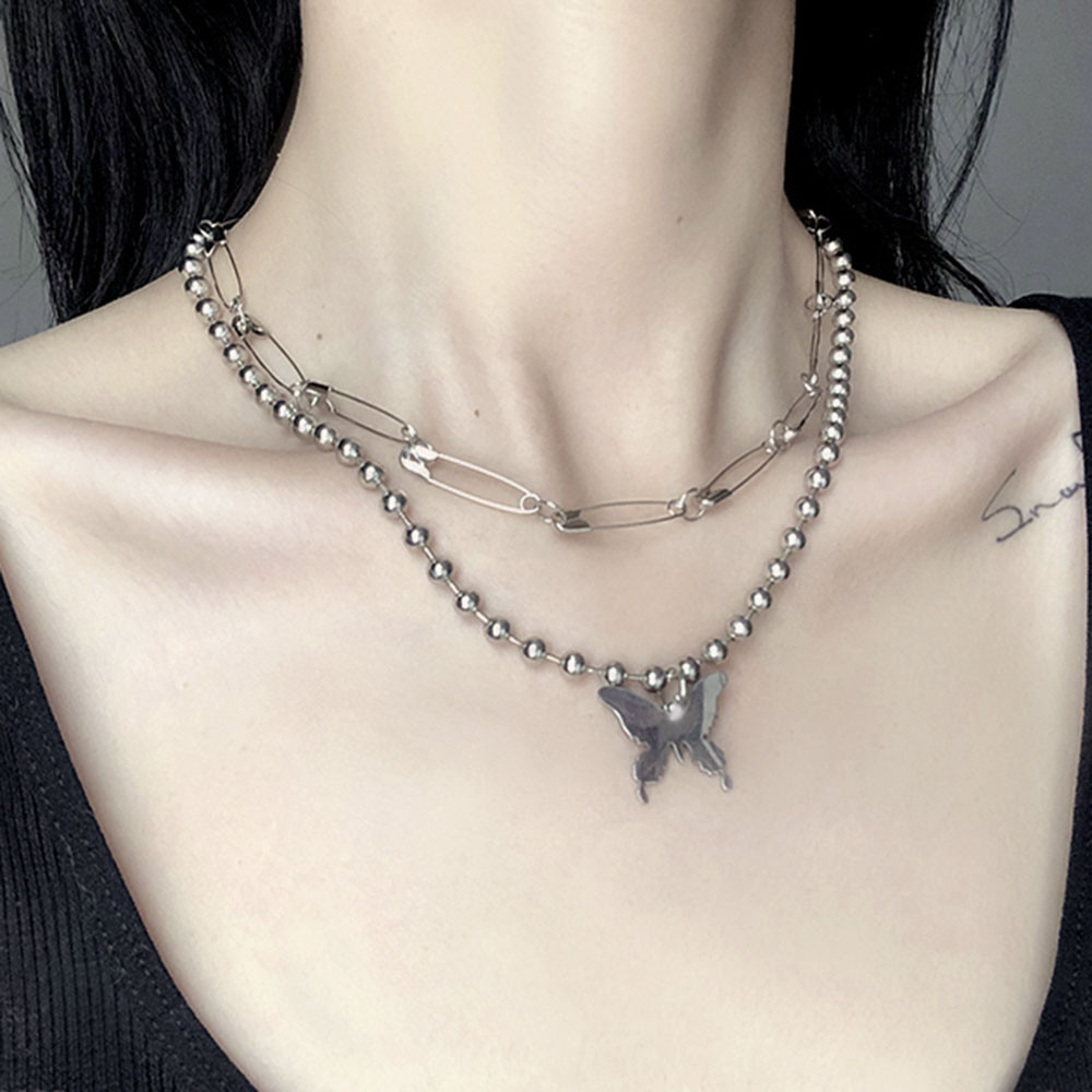 1PCS Fashion Punk Women Girl Double Layer Detachable Pin Butterfly Pendant Chain Necklace Clavicle Chain Choker