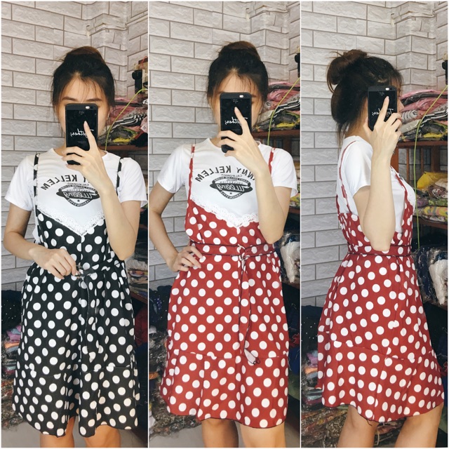 Set áo phối váy yếm 2 dây - set chấm bi dễ thương - trang phục rời 2 món