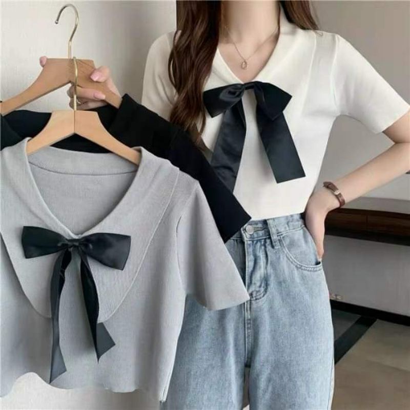 Áo len trơn ngắn tay đính nơ hàng QC