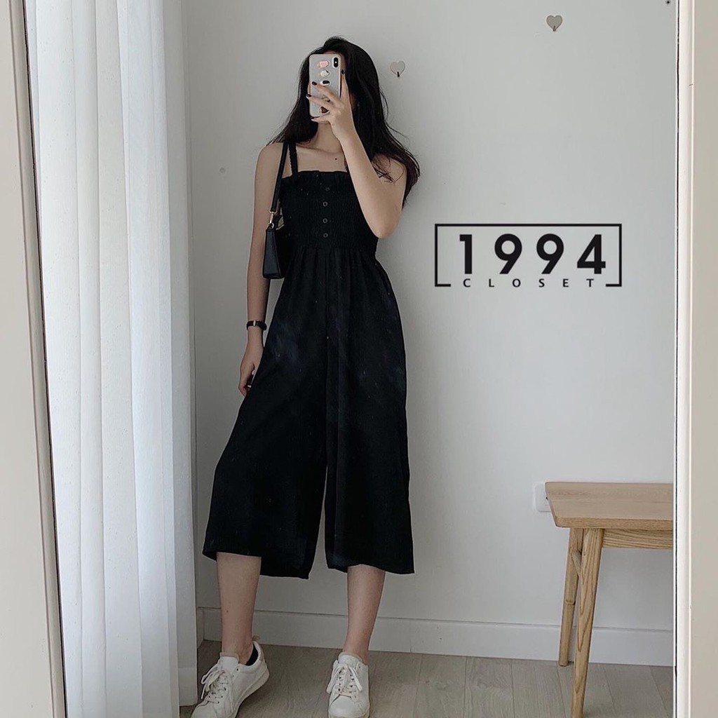 JUMPSUIT ĐŨI HAI DÂY CHUN NGỰC PHỐI QUẦN CULLOTES ỐNG RỘNG ULZZANG MÀU BE ĐEN - BỘ JUM 2 DÂY ĐŨI HOT