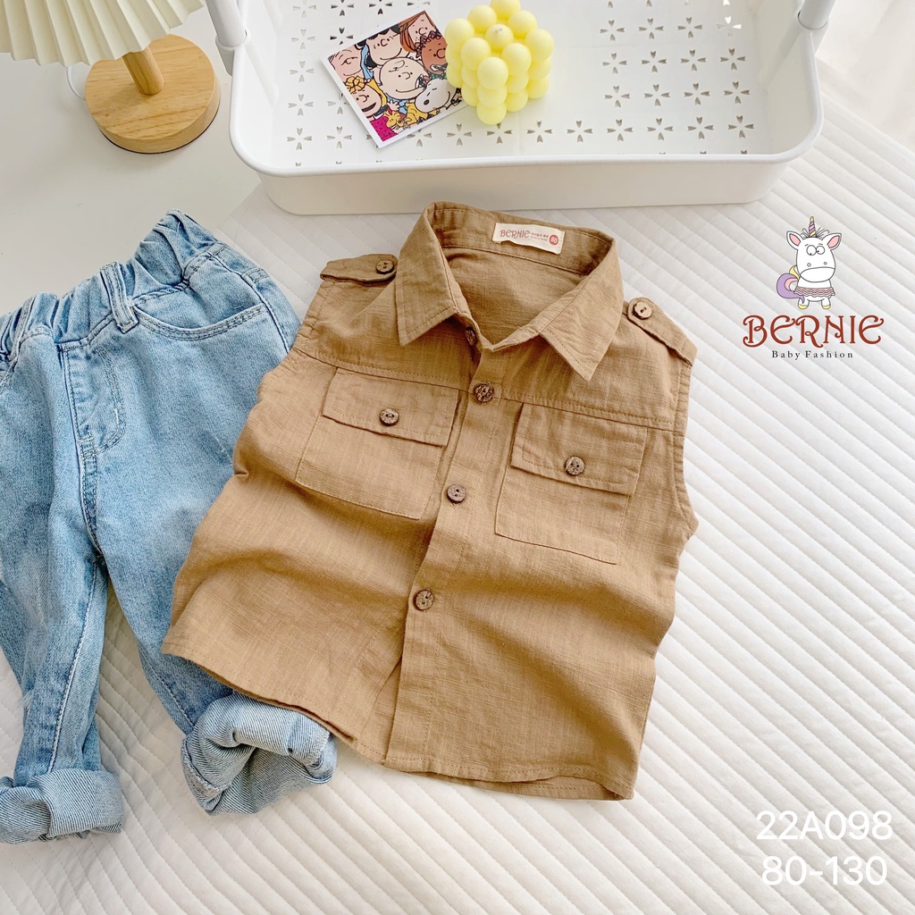 Áo gile sơ mi cho bé trai, áo sơ mi cổ đức không tay cá tính cho bé
