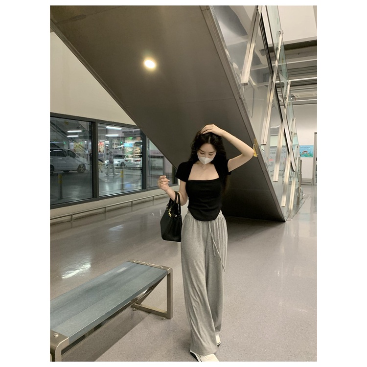 Áo Thun cotton Tay Ngắn Cổ Vuông Màu Sắc Đơn Giản Trẻ Trung Dành Cho Nữ