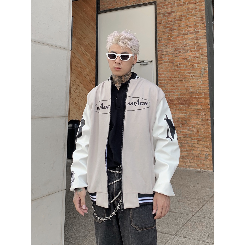 Áo Khoác Bóng Chày Nỉ Dạ, tay Da MÀU TAN BLACK MIACK Varsity Jacket BM1