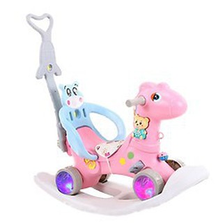 Ngựa bập bênh có tựa, có cán đẩy, có nhạc - bánh phát sáng cao cấp