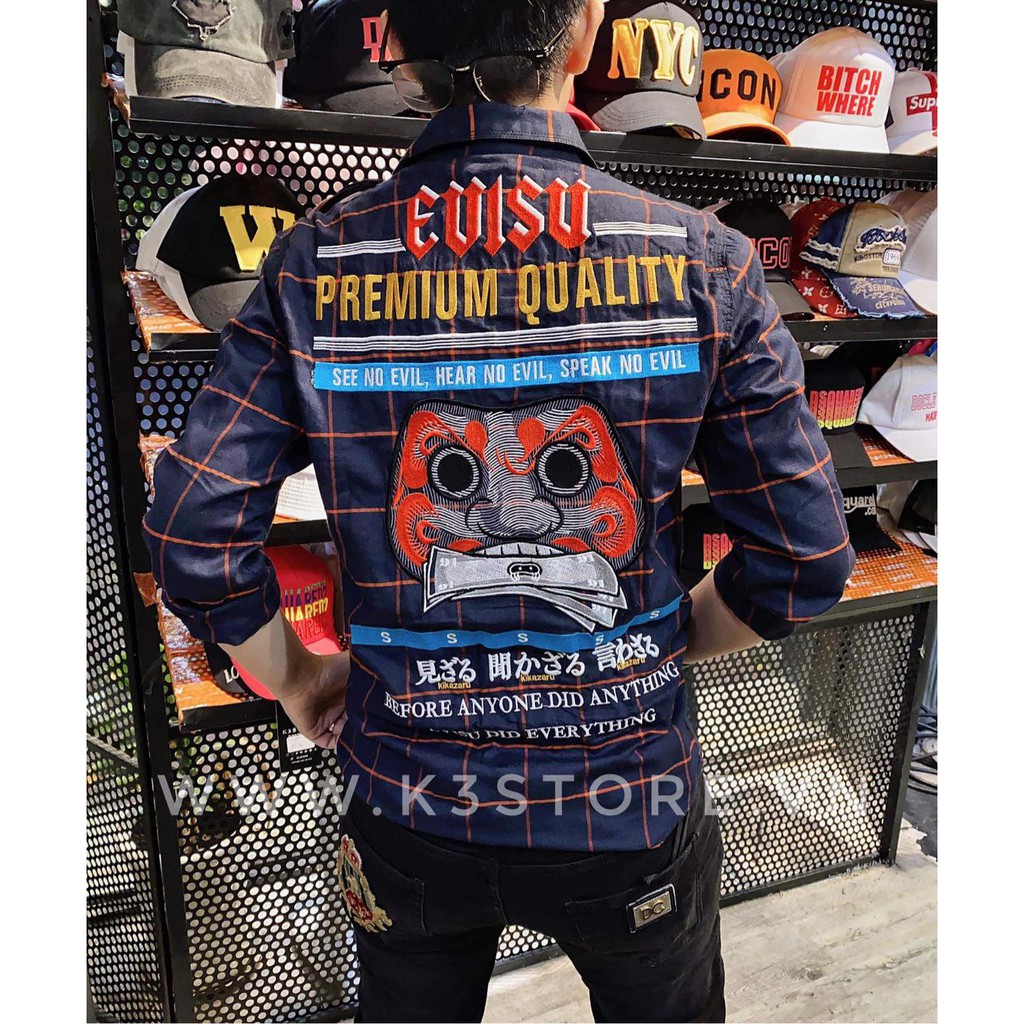 Áo sơ mi nam thêu chữ nổi evisu hình premium quality caro xanh đen sọc đỏ chất kaki dày dặn hàng thêu to max lưng K3 STO | BigBuy360 - bigbuy360.vn