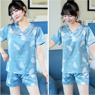 Pijama Đồ Mặc Nhà Lụa Áo Cổ Tim Quần Ngắn