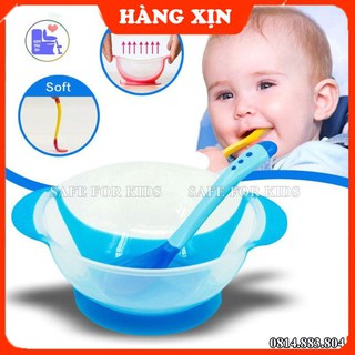 Bát Ăn Dặm Chống Đổ - Bát Ăn Dặm Đế Hút Silicon Kèm Thìa Báo Nóng An Toàn Cho Bé Yêu