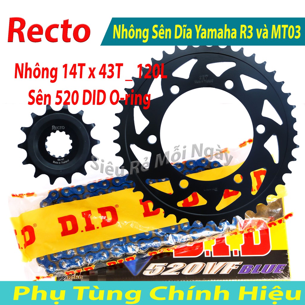 Nhông Sên Dĩa Recto Yamaha R3 và MT03 Sên Màu 120L DID 520VF Phốt Cao Su Thái Lan 14T x 43T