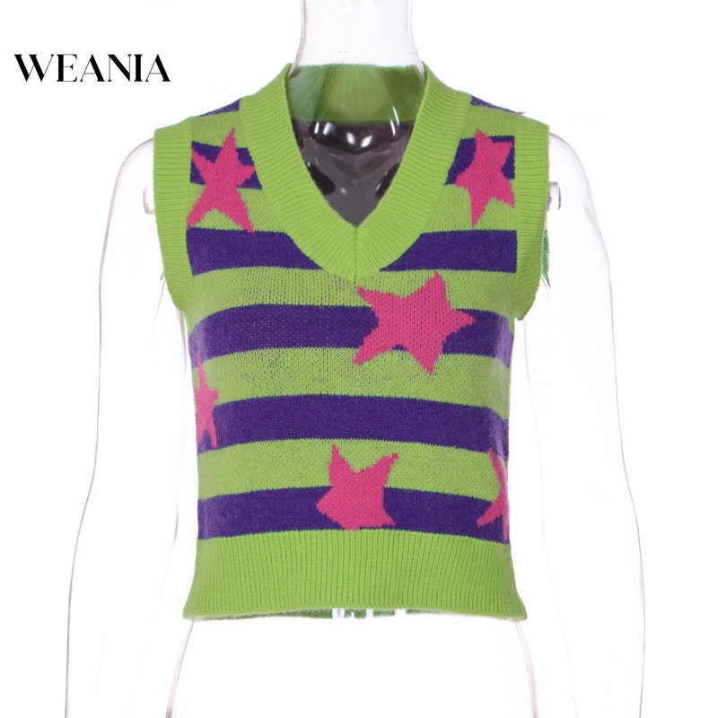 Áo Tank Top Dệt Kim Cổ Chữ V Họa Tiết Kẻ Sọc / Ngôi Sao Nhiều Màu