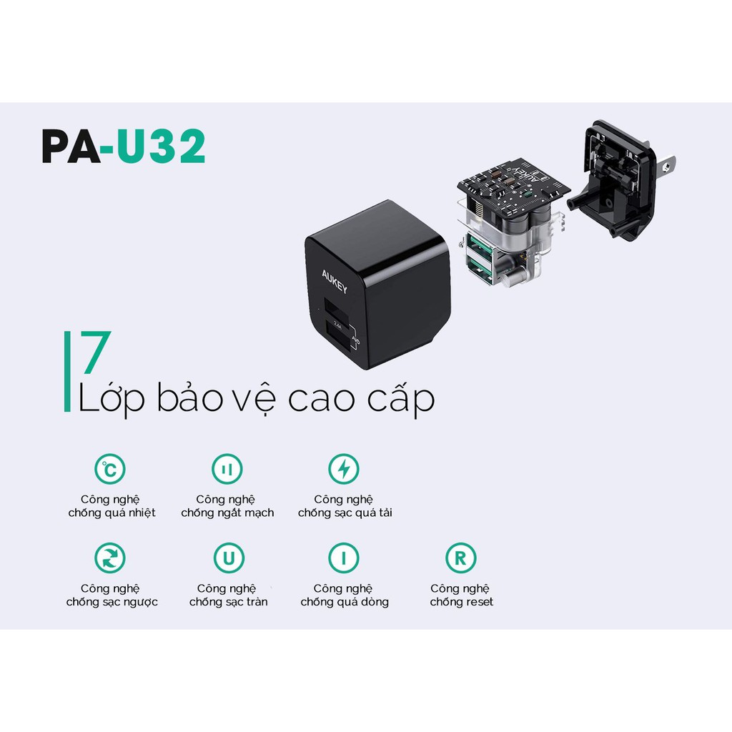 [CHÍNH HÃNG]  Củ Sạc 2 Cổng 12W Aukey PA-U32