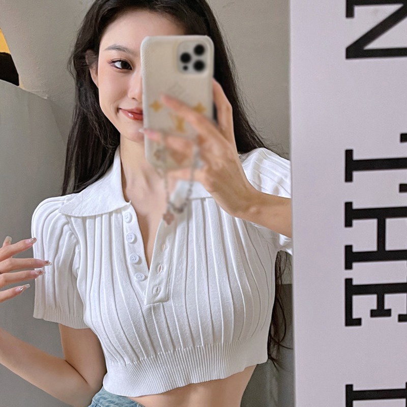 Áo Croptop Dệt Kim Tay Ngắn Màu Sắc Đơn Giản Phong Cách Hàn Quốc Cho Nữ