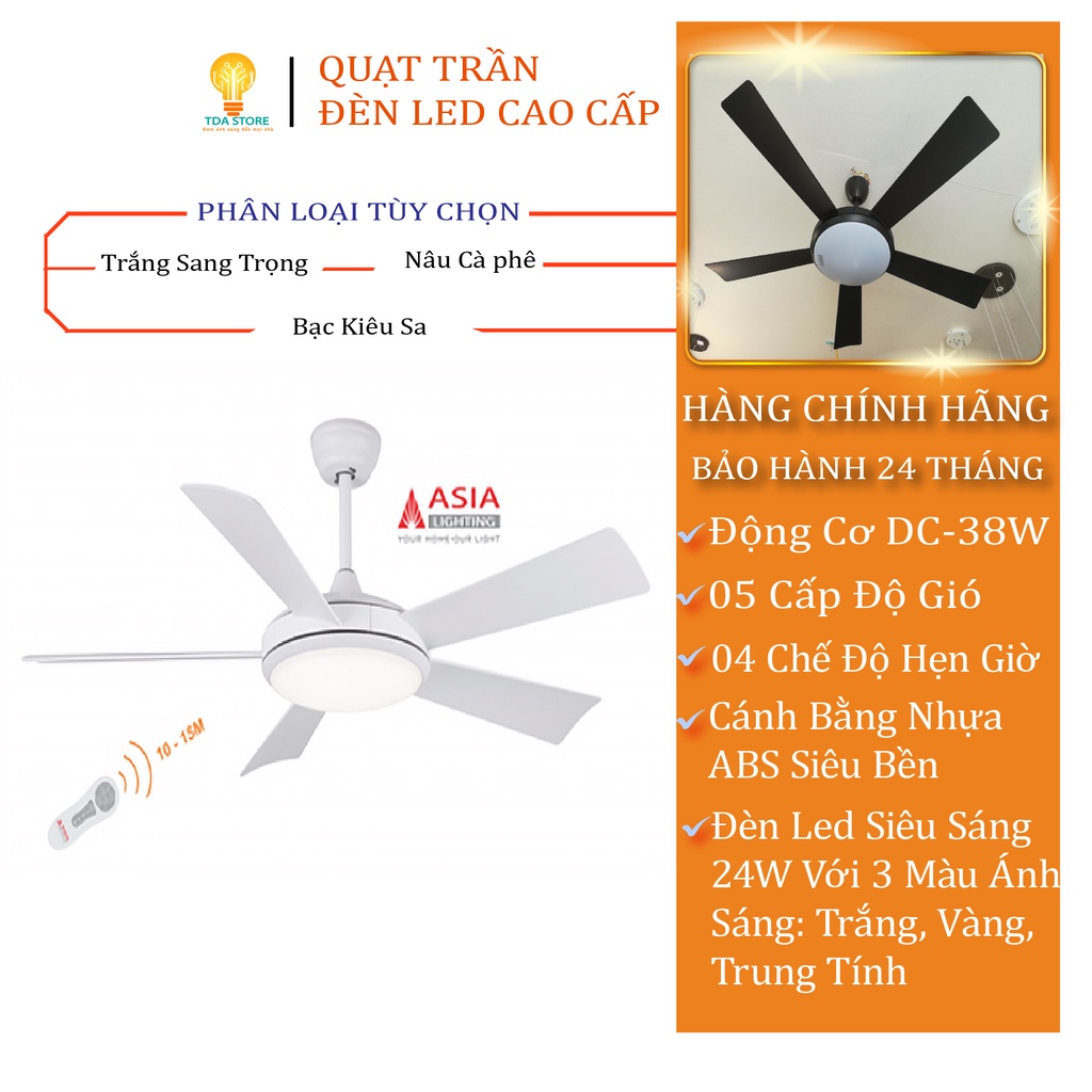 Quạt trần đèn Asia Lighting quạt trần đèn led trang trí phòng khách, phòng ăn, phòng ngủ, 5 cánh bằng nhựa ABS siêu bền