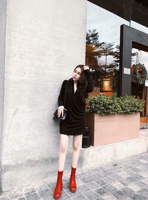 Váy len suông rúm eo