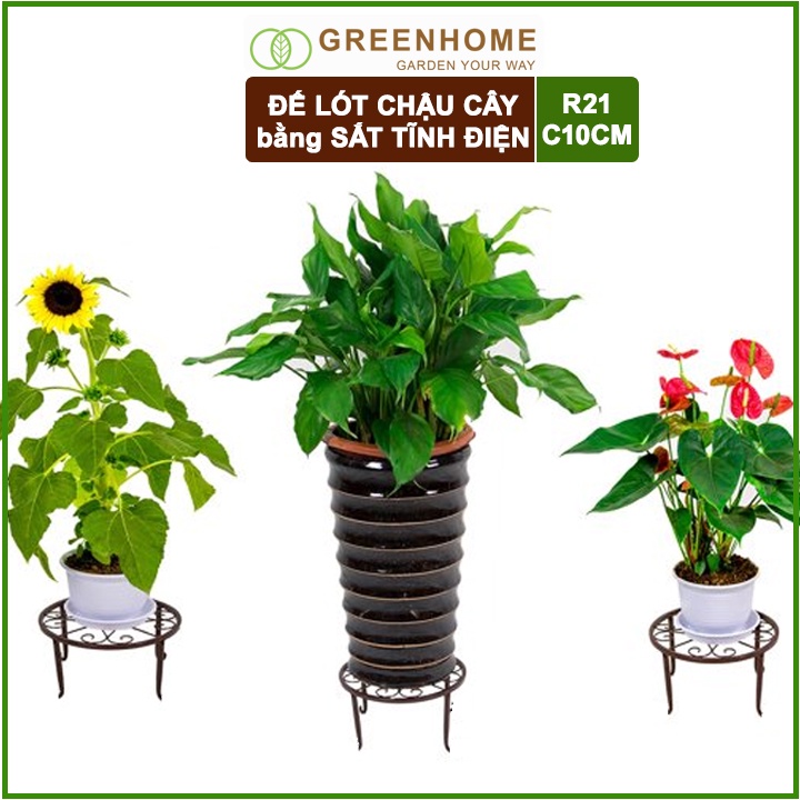 Đế lót chậu cây bằng sắt, R21xC10cm, hình tròn, sơn tĩnh điện, màu đen, uốn mỹ nghệ, bền, đẹp |Greenhome