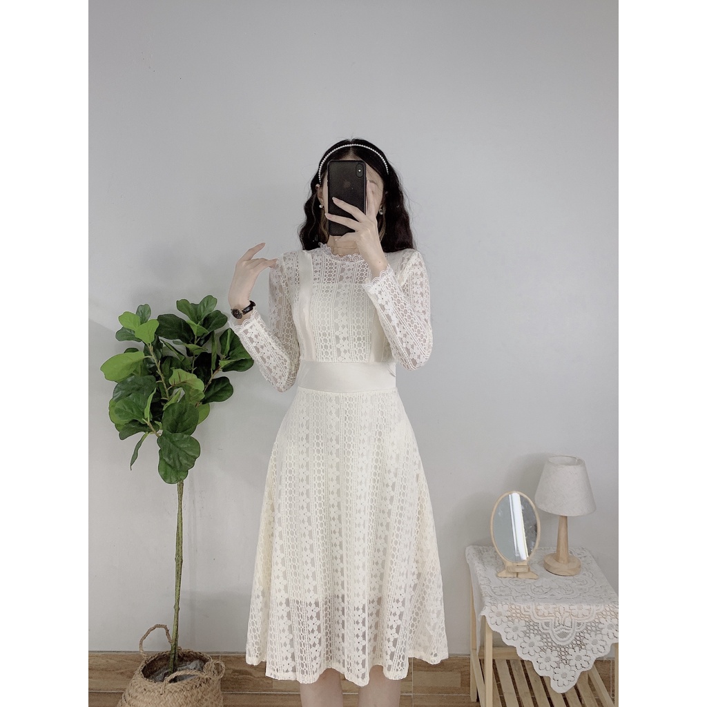 Đầm ren dài tay dáng xòe váy trắng thiết kế chất ren thời trang nữ dự tiệc công sở_V3113