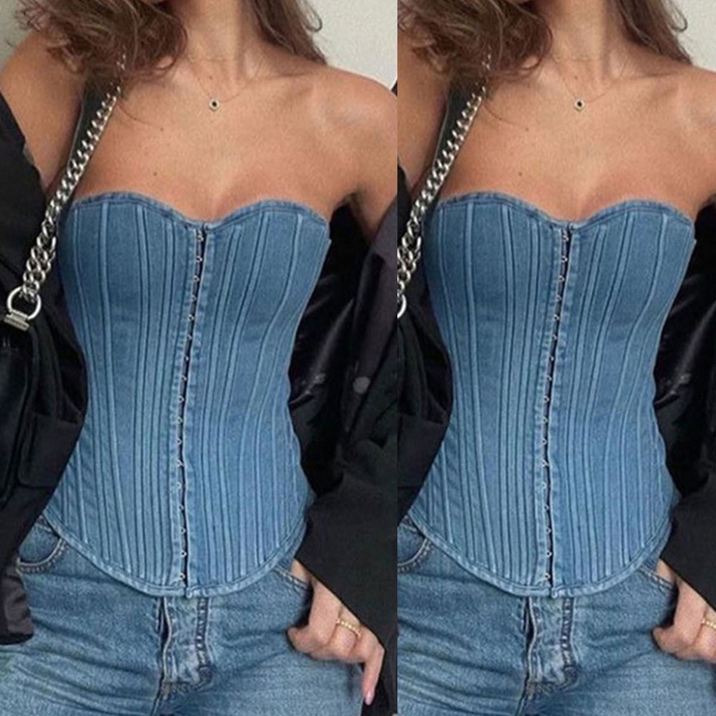 Áo Denim Không Tay Nâng Ngực Co Giãn Thời Trang Dành Cho Nữ