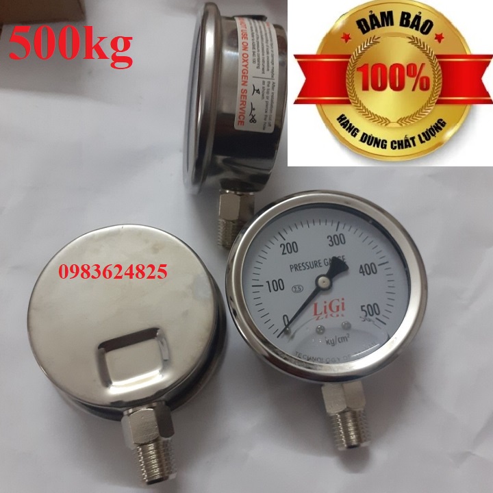 Đồng hồ đo áp suất áp lực nước hơi khí nén 500kg mặt 63 có dầu