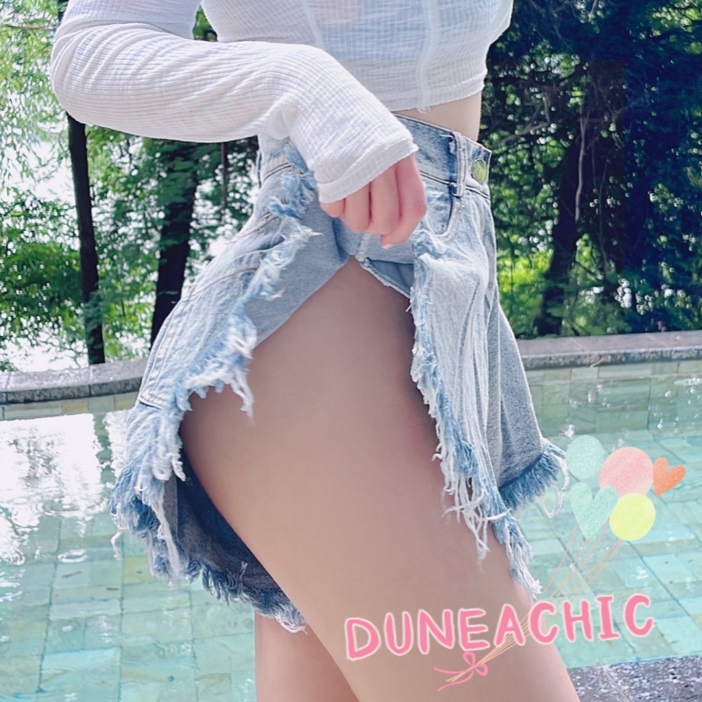 Quần Short Denim Lưng Cao Ống Rộng Thiết Kế Xẻ Rách Cá Tính