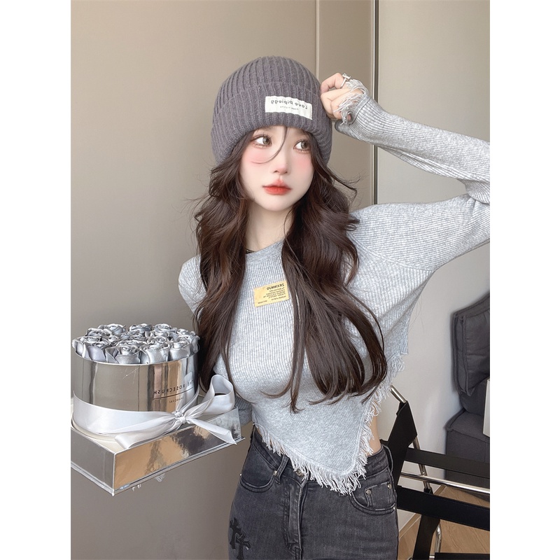 Cocory vn Áo Dệt Kim Nữ Tay Dài Dáng Ôm Phối Tua Rua Thời Trang