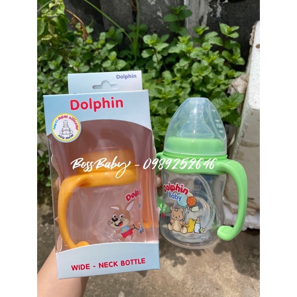 (Tặng thêm 1 núm, 1 ống tập hút) Bình sữa Dolphin cổ rộng có tay cầm 180ml