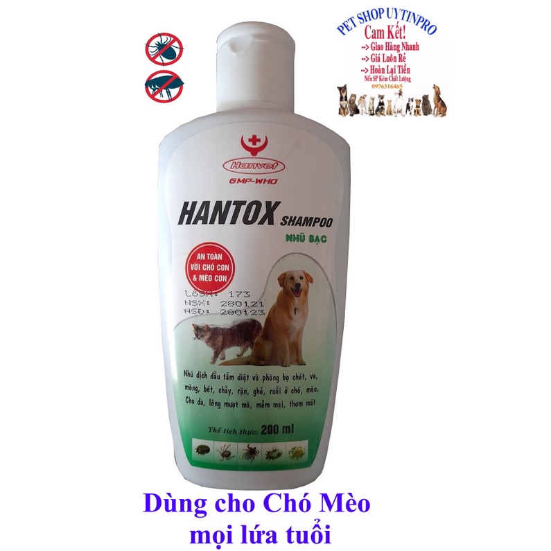 Sữa tắm trị ve, rận, bọ chét, ghẻ trên Chó Mèo Pet Thú Cưng HANTOX SHAMPOO Nhũ bạc Chai 200ml Sx tại Hanvet VN