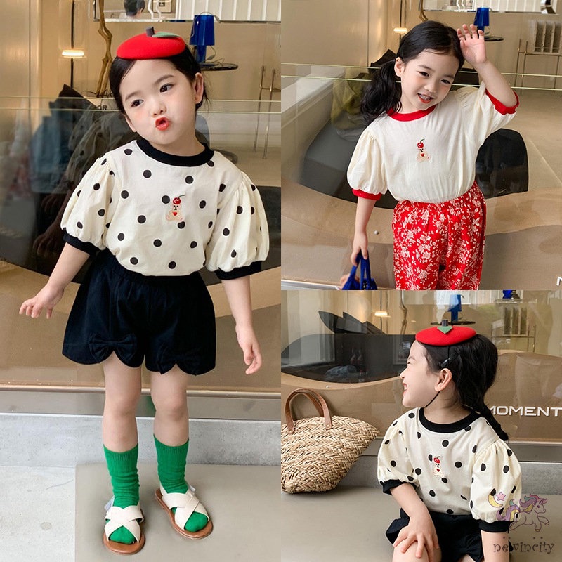 Áo Thun Tay Ngắn Họa Tiết Chấm Bi Xinh Xắn Phong Cách Hàn Quốc Cho Bé Gái