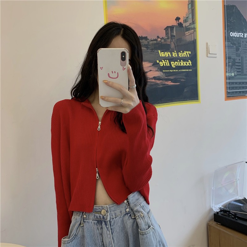 Áo len dài tay có mũ dạng hoodie hai khoá kéo độc đáo, áo khoác mỏng croptop xuân hè