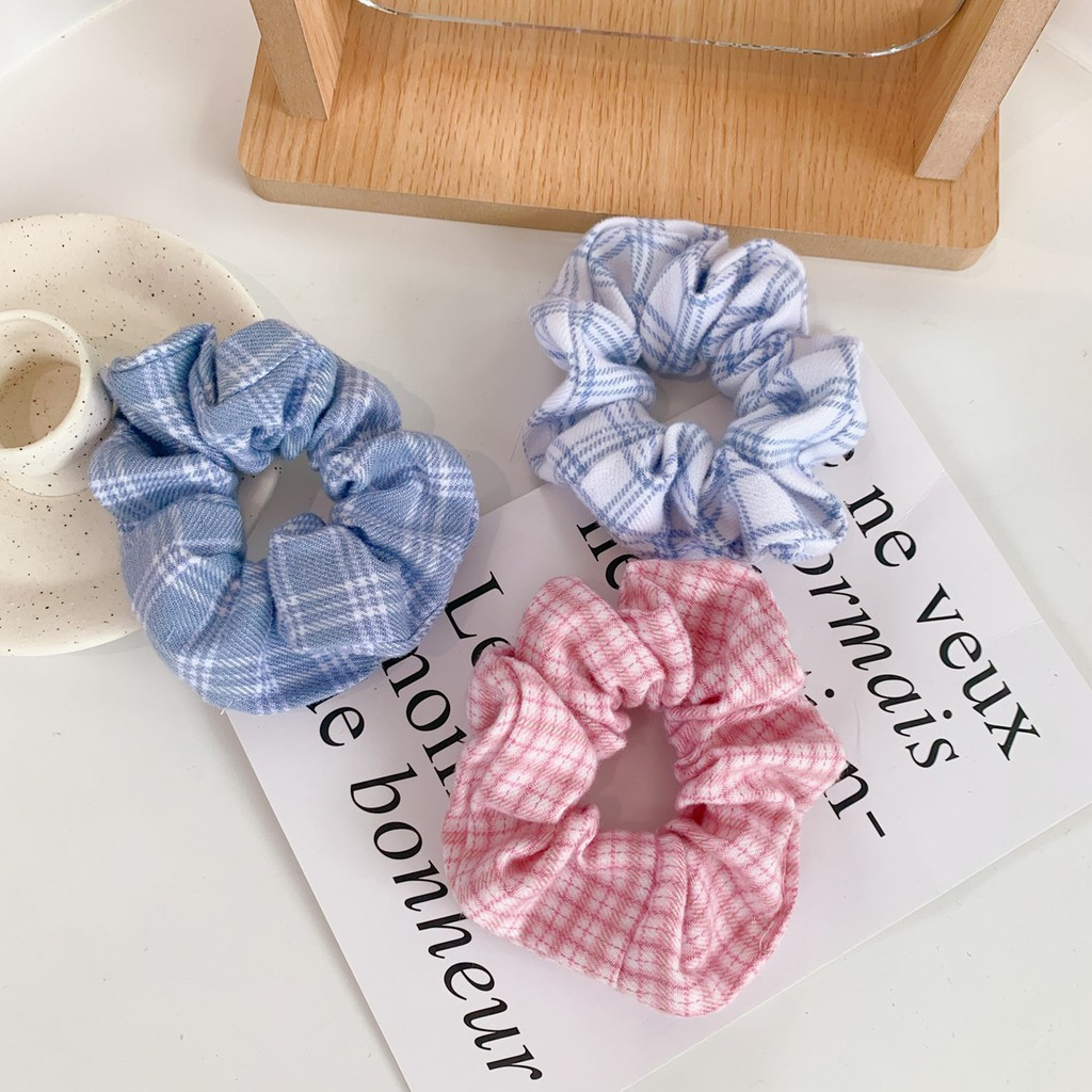 Scrunchies Cột Tóc Blue Girl và Thập Cẩm Màu Caro Trendy