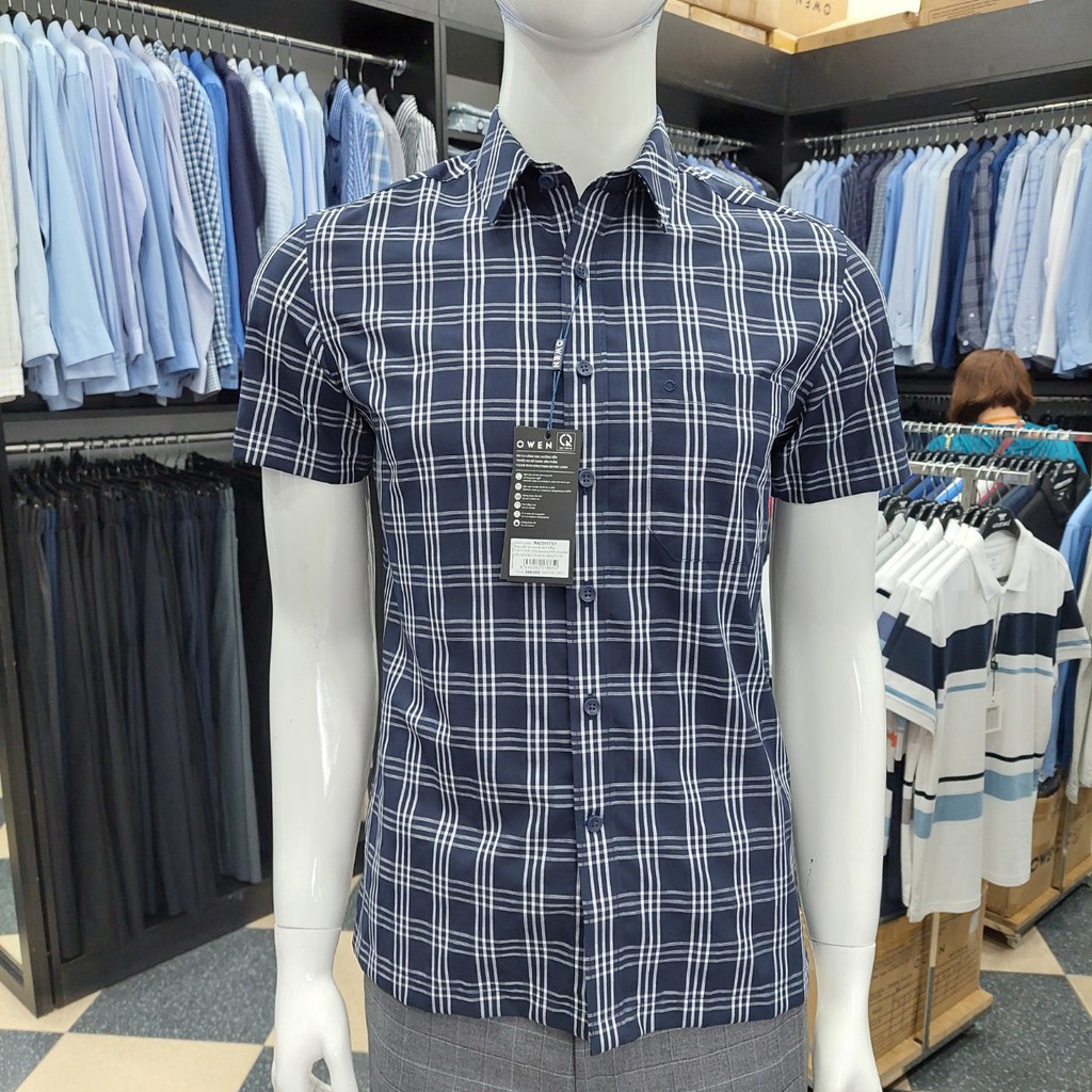 Áo Sơ Mi Nam Ngắn Tay Owen BA22657NT Somi Cộc Tay Công Sở Cao Cấp Kẻ Caro To Xanh Trắng Chất Sợi Tre Body Fit Tà Bằng | BigBuy360 - bigbuy360.vn