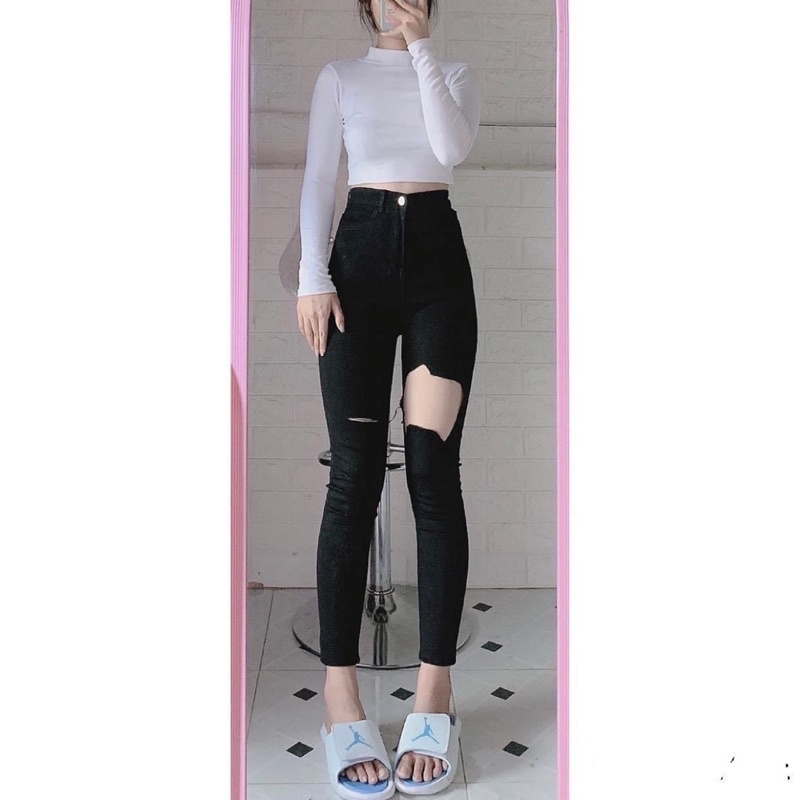 🌟Quần Jeans Dài Lưng Cao Co Giãn Rách Ô