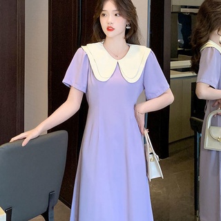 Đầm Midi Tay Ngắn Cổ Búp Bê Màu Sắc Tương Phản Phong Cách Hàn Quốc Thời Trang Mùa Hè Xinh Xắn Cho Nữ