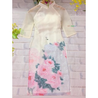Áo dài dài Organza (quần+áo) trắng hồng