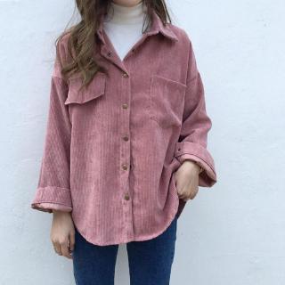 Áo Khoác Sơ Mi Vải Nhung Kẻ Tay Dài Dáng Rộng Phong Cách Retro