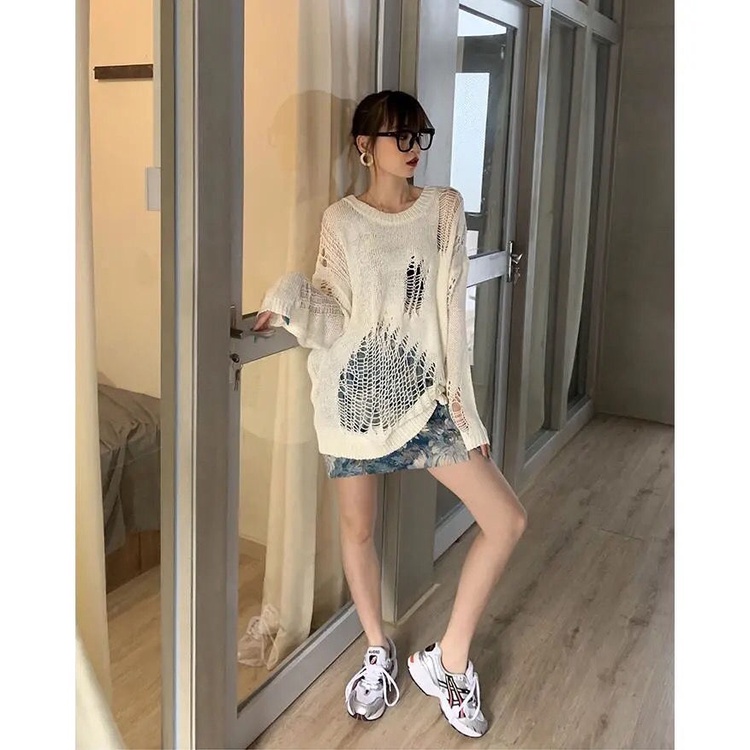 Áo sweater mặc chui đầu phong cách Hàn Quốc thiết kế rỗng thời trang mùa hè tay dài dệt kim mỏng dành cho nữ