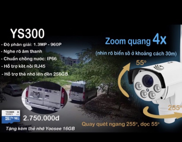 Camera Yoosee YS300 tự động lấy nét, zoom quang 4x, quay quét