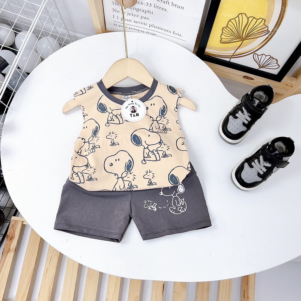 Đồ bộ bé trai, Bộ quần áo thun cotton Snoopy, Set áo ba lỗ sát nách và quần đùi cạp chun cho bé từ 7 - 18 kg, SUN KID'S