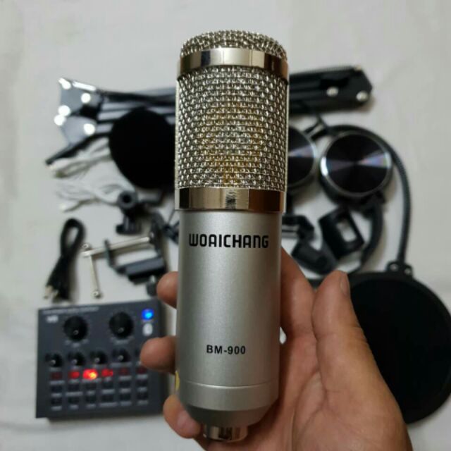 Bộ combo mic livestream hát karaoke card V8 có autotune micro BM900 WOAICHANG  TẶNG tai nghe  (5 món)