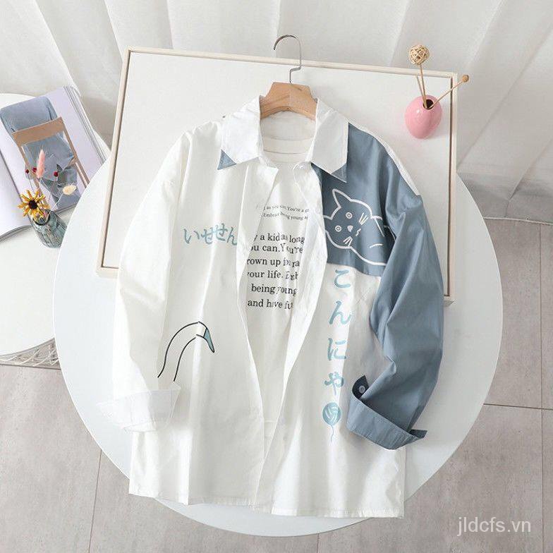 Áo sơ mi dài tay dáng rộng in hình mèo phong cách Nhật Bản/ Hàn Quốc thời trang cho nữ sinh