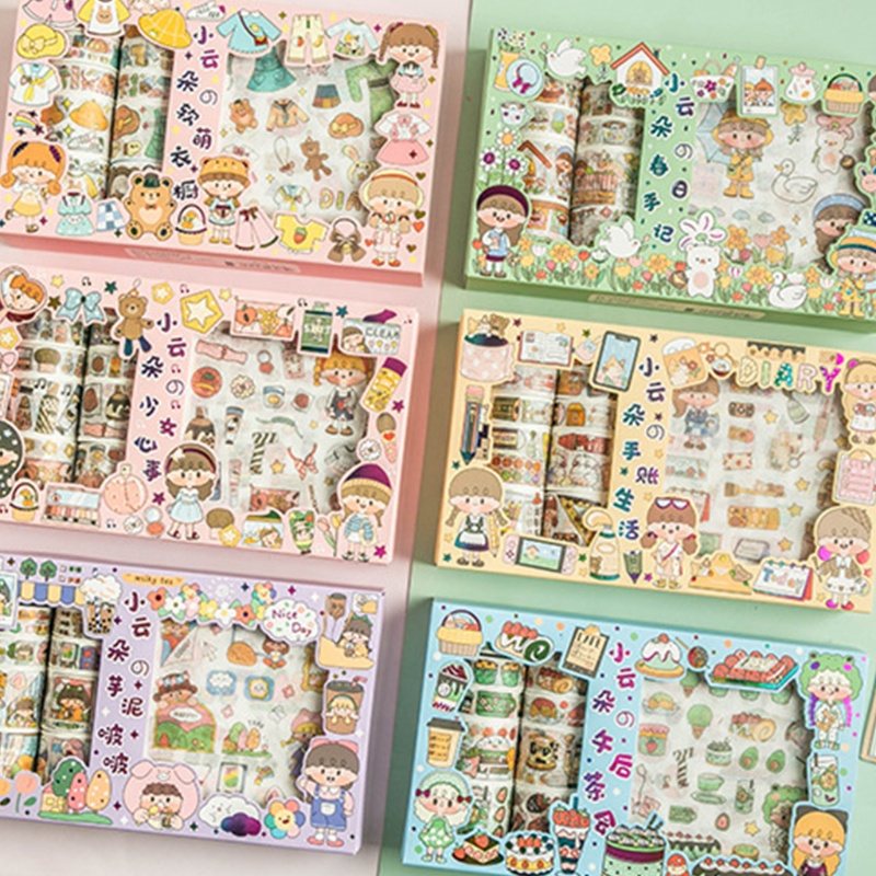 Hộp 10 Cuộn Băng Dính Kèm 10 Tờ Nhãn Dán Trang Trí Thủ Công DIY