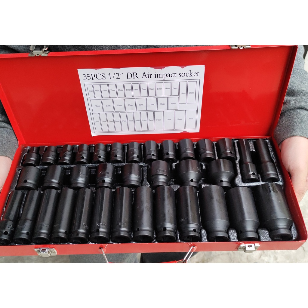 Bộ tuýp mở bu lông 1/2 inch đen thép CR-MO 35 chi tiết, bộ khẩu chuyên mở siết bulong thép đen siêu cứng đủ size