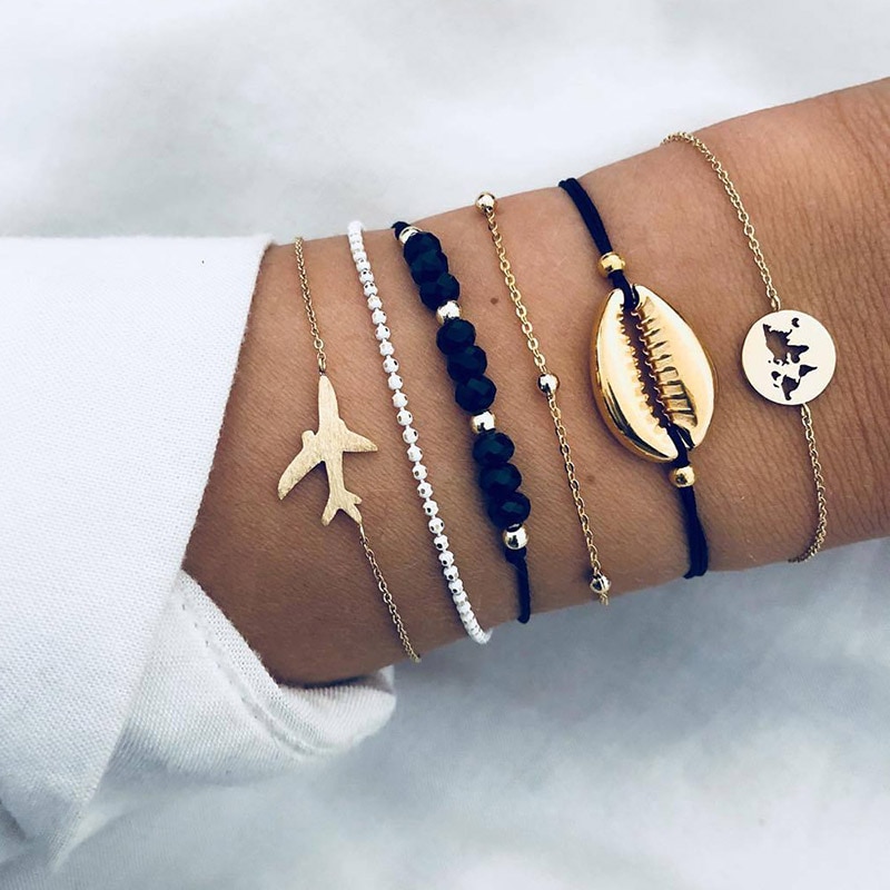 ✨Girlunderwear ✨New Bohemian Black Rope Chain Bracelet Set For Women aircraft Shell Moon Heart crystal Charm Bangle Boho Jewelry