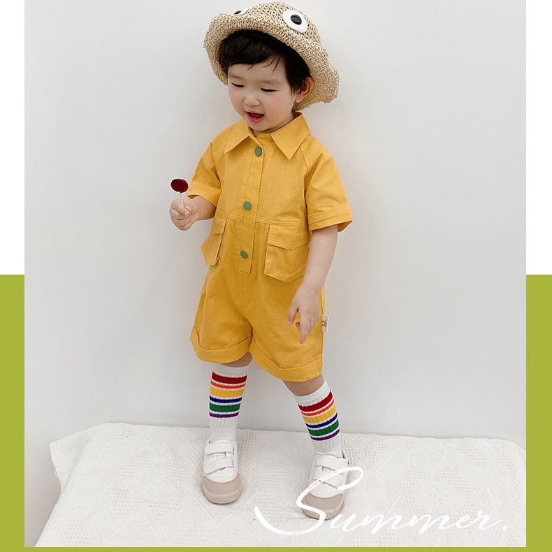 Bộ áo liền quần cotton màu trơn thời trang mùa hè Hàn Quốc mới dành cho trẻ em