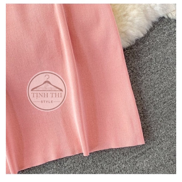 Đầm body len dây phối khoác, Set đầm dây + khoác tay dài chất len dệt kim