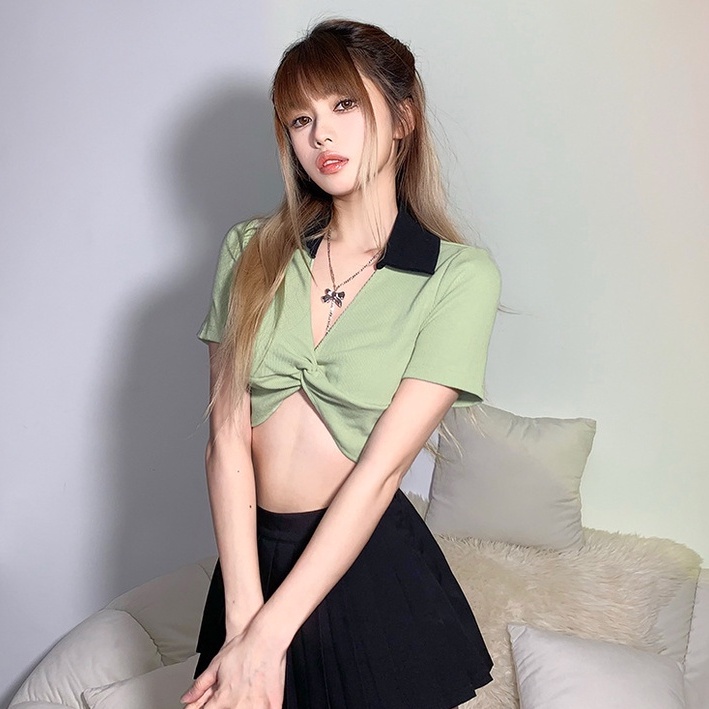 [Augustcloth] Áo croptop polo thắt giữa phong cách Hàn Quốc