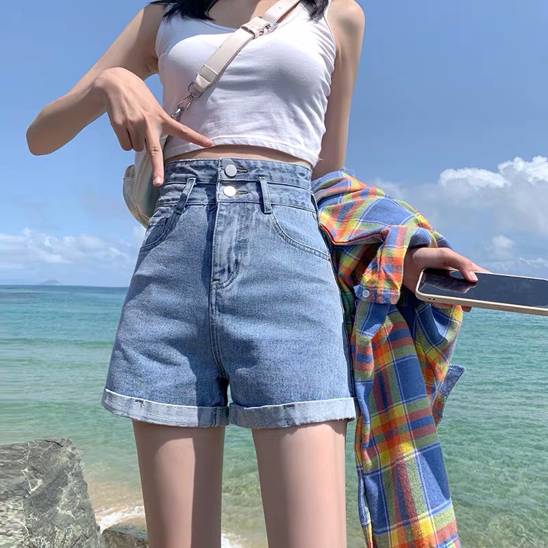 Quần Short Bò Nữ Hai Cúc Gấp Gấu TDSHOPNT Quần Shorts Jeans Denim Hàn Quốc Cá Tính