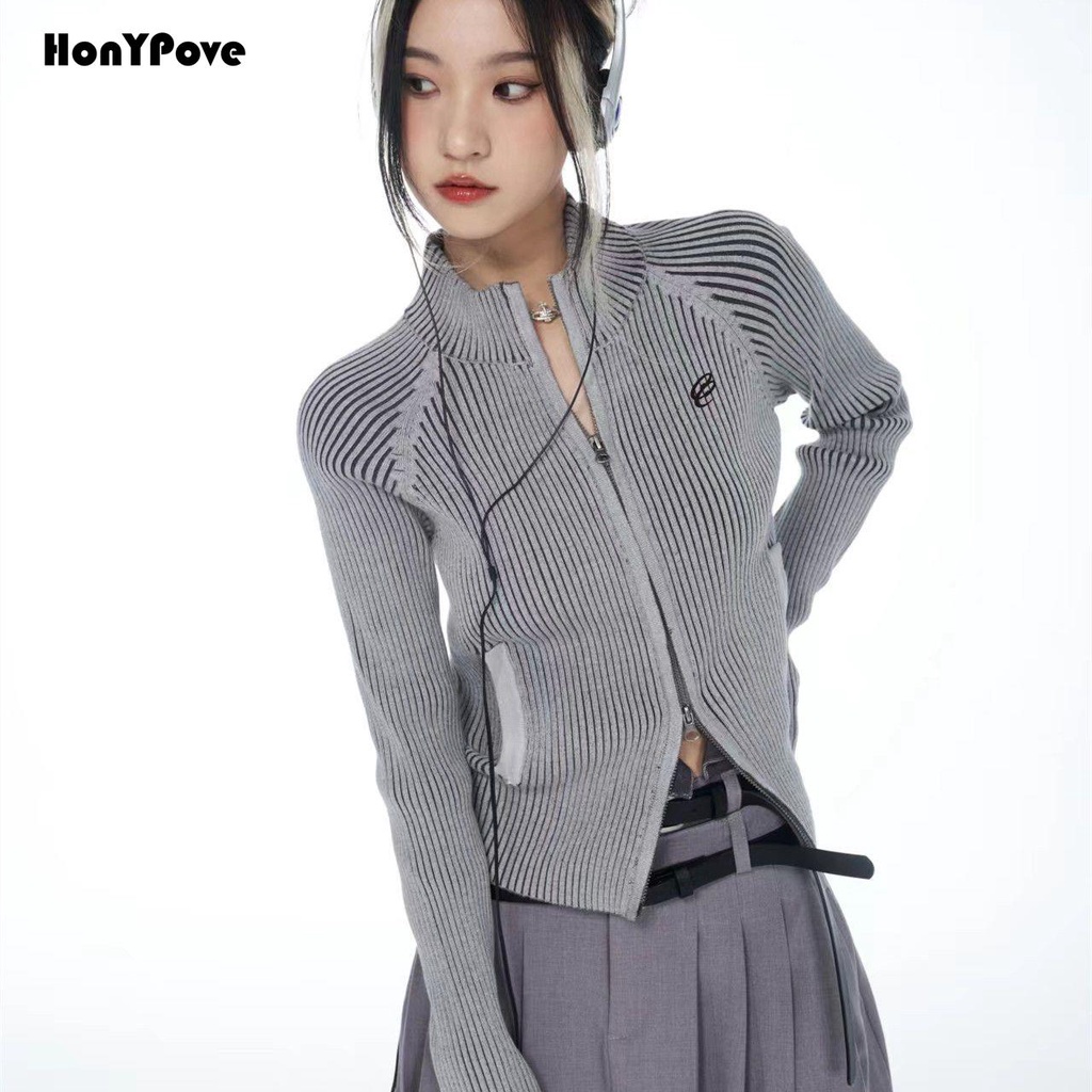 Mới Áo Khoác Len Hai Đầu Có Khóa Kéo Với Họa Tiết Thêu Theo Phong Cách Retro Mỹ Thẻ