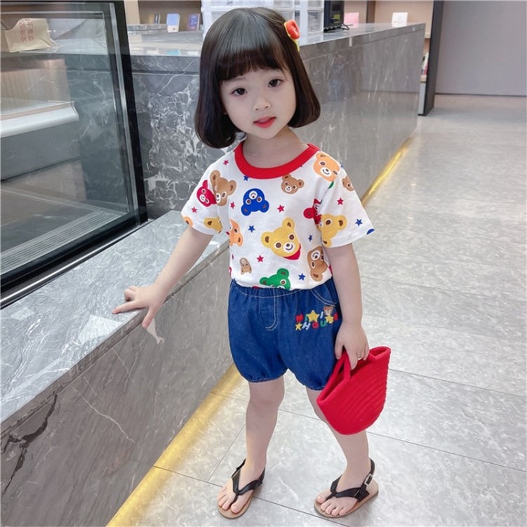 Áo Thun Cotton Ngắn Tay In Hình Dễ Thương Cho Bé