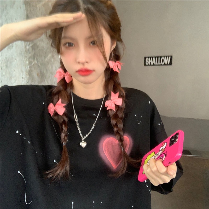 Áo Thun Cotton Ngắn Tay Dáng Rộng In Trái Tim Phối Màu Nhuộm Thời Trang Mùa Hè Hàn Quốc Cho Nữ