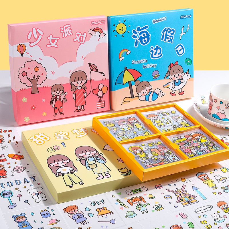 Set 20 / 100 Tấm Sticker Dán Trang Trí Điện Thoại / Nhật Ký Hình Cô Gái Dễ Thương