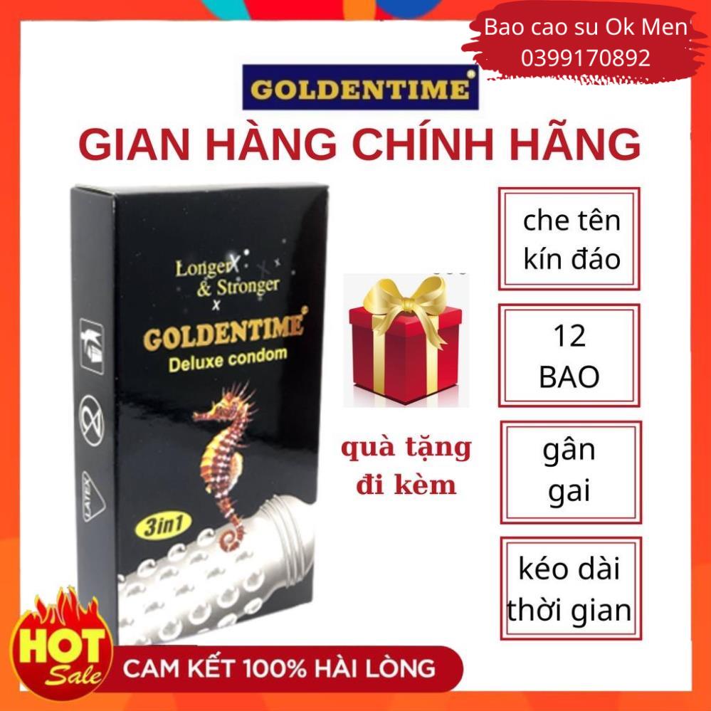 Bao Cao Su  Gai Cá Ngựa Goldentime Longer Stronger 3 in 1, BCS Kéo Dài Thời Gian Hộp 12BCS